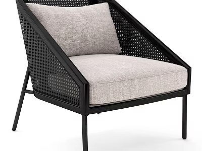 Modern Accent Chair With Black Metal Frame Woven Design And Light Gray Seat Cushion 3d model