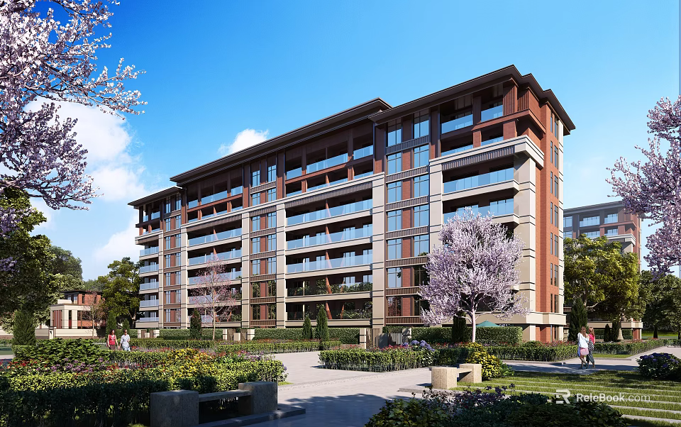 Modern Multi story Residential Building With Balconies Lush Greenery Flowering Trees And Walking Residents 3d model 