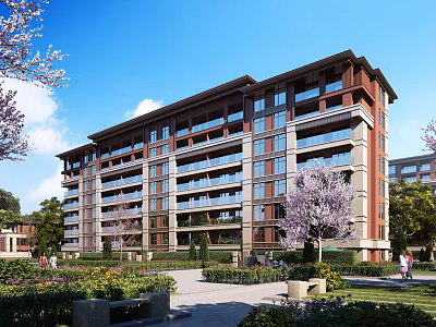 Modern Multi story Residential Building With Balconies Lush Greenery Flowering Trees And Walking Residents 3d model