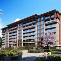Modern Multi story Residential Building With Balconies Lush Greenery Flowering Trees And Walking Residents