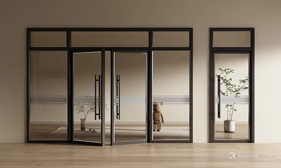 Modern Elegant Interior With Glass Double Doors And Black Frame Design 3d model 