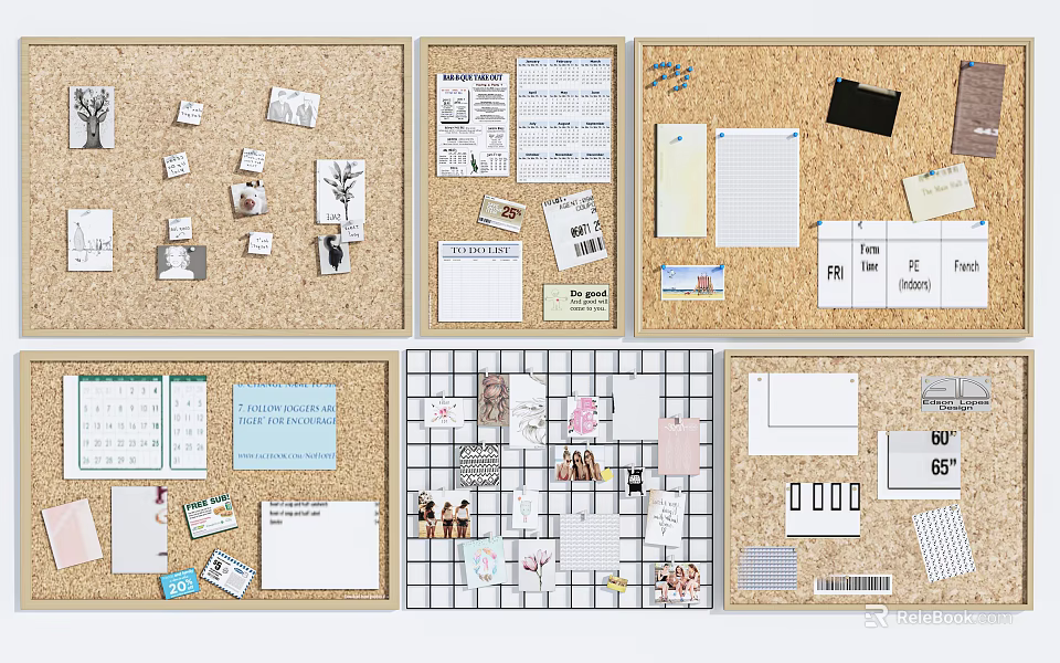 Corkboard Wall Decor With Notes Calendar Photos And Grid Design Elements 3d model 