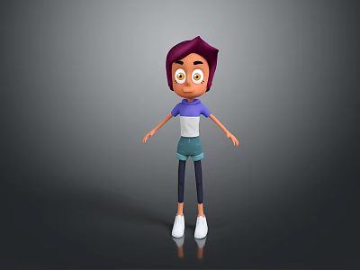 3D Doll With Purple Hair Big Eyes Purple And White Top Blue Shorts White Shoes 3d model