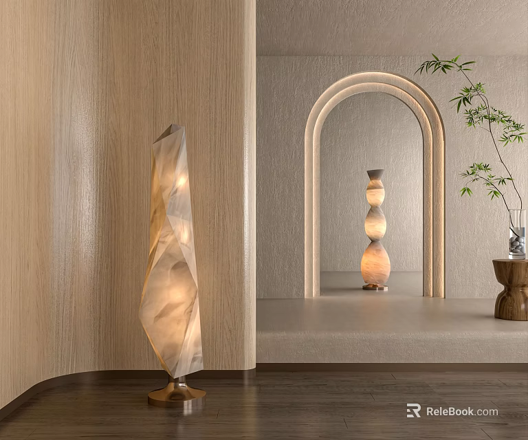 Modern Interior With Artistic Floor Lamp Wooden Wall And Arch 3d model 