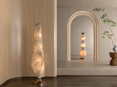 Modern Interior With Artistic Floor Lamp Wooden Wall And Arch 3d model