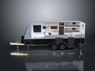 Modern Travel Trailer Interior Design With Open Layout Kitchen And Storage Cabinets 3d model