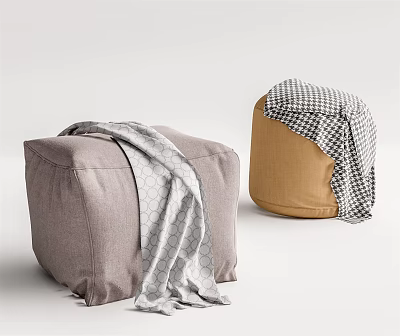 Gray and Brown Fabric Poufs with Patterned and Checkered Blankets on Top 3d model