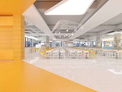 Spacious Modern Restaurant Interior With Yellow Elements White Flooring Tables Chairs And Open Space 3d model