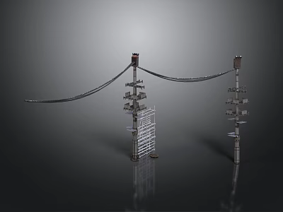 Electric Power Poles With Connecting Wires And Metal Transformer Structure 3d model