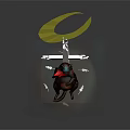 Black Cat With Red Scarf Sitting Under Yellow Crescent Moon With White Birds