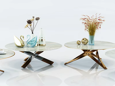 Elegant Modern Coffee Table Featuring Marble Top Metal Cross Legs And Decorative Vases 3d model