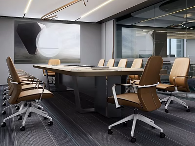Modern Conference Room Interior Design With Long Table Chairs And Wall Painting 3d model