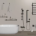 Contemporary Bathroom Ensemble Featuring White Bathtub Black Shower Toilet And Towel Shelves