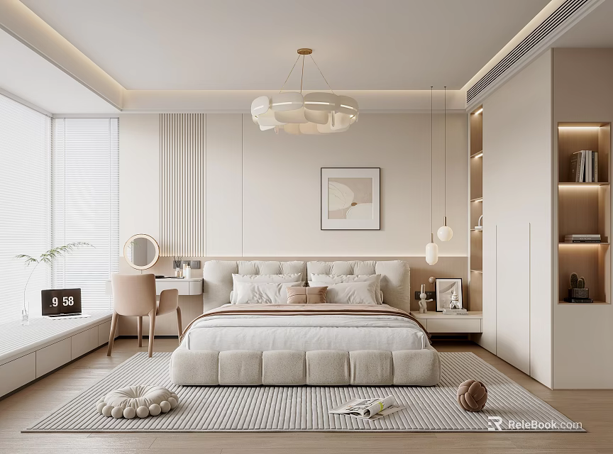 Modern Bedroom Interior Design With Large Bed Plush Pillows Chandelier And Area Rug 3d model 