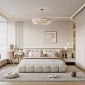 Modern Bedroom Interior Design With Large Bed Plush Pillows Chandelier And Area Rug