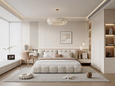 Modern Bedroom Interior Design With Large Bed Plush Pillows Chandelier And Area Rug 3d model