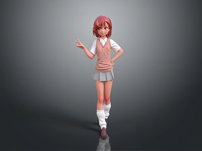 Anime Game Character In School Uniform Style With Pink Hair White Shirt Brown Vest Posing 3d model