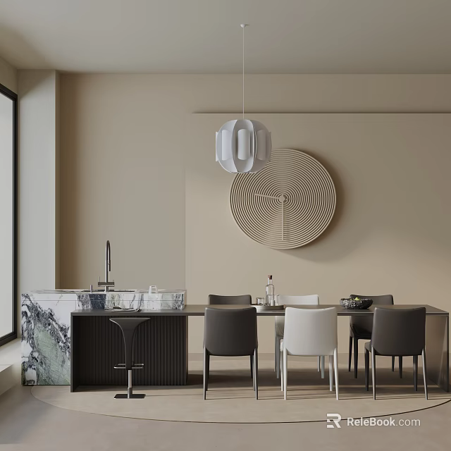Modern Dining Table Set With Gray White Chairs Beige Wall Circular Decor And Pendant Light 3d model