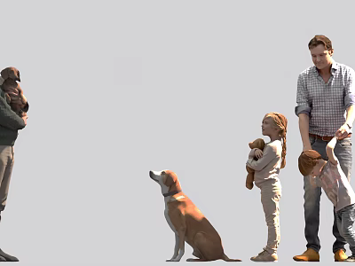 Family Members Including Adults And Children Playing With Dog And Stuffed Toys 3d model