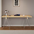 Modern Wooden Office Desk With Metal Legs Beige Chair Silver Lamp Laptop And Coffee Cup
