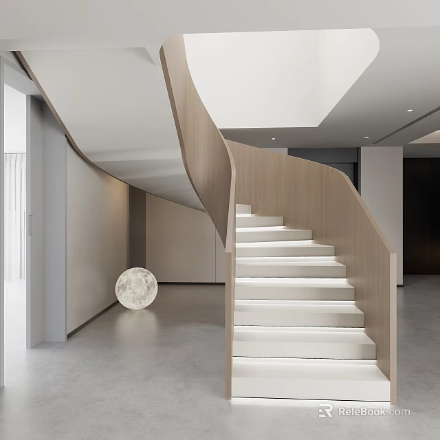 Modern Spiral Staircase Interior Design With Curved Wooden Railing And White Steps 3d model 