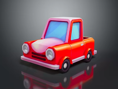 Red Cartoon Truck with Pink Roof Front and Blue Windows Black Wheels on Reflective Surface 3d model