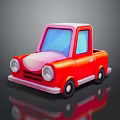 Red Cartoon Truck with Pink Roof Front and Blue Windows Black Wheels on Reflective Surface