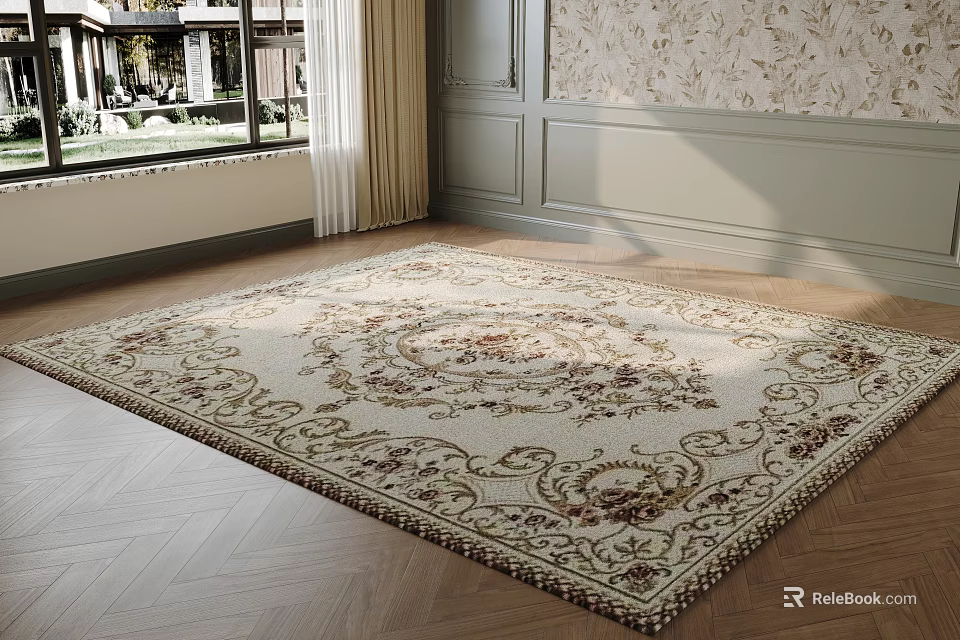 Square Area Rug With Intricate Patterns In Elegant Living Room 3d model 