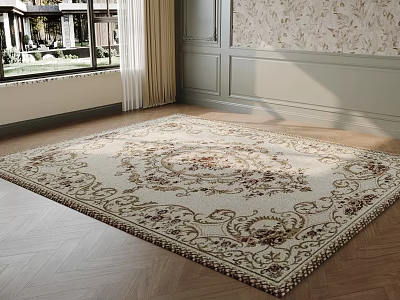 Square Area Rug With Intricate Patterns In Elegant Living Room 3d model