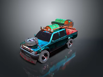 Blue Custom Pickup Truck With Red Accents Roof Rack Green Cargo And Spare Tire 3d model
