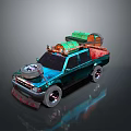 Blue Custom Pickup Truck With Red Accents Roof Rack Green Cargo And Spare Tire