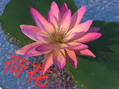 Pink Lotus Flower With Vibrant Blooming Petals And Green Lily Pads On Water Surface 3d model