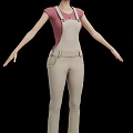 Woman Wearing Pink Top And Beige Overalls With Arms Outstretched Against Black Background