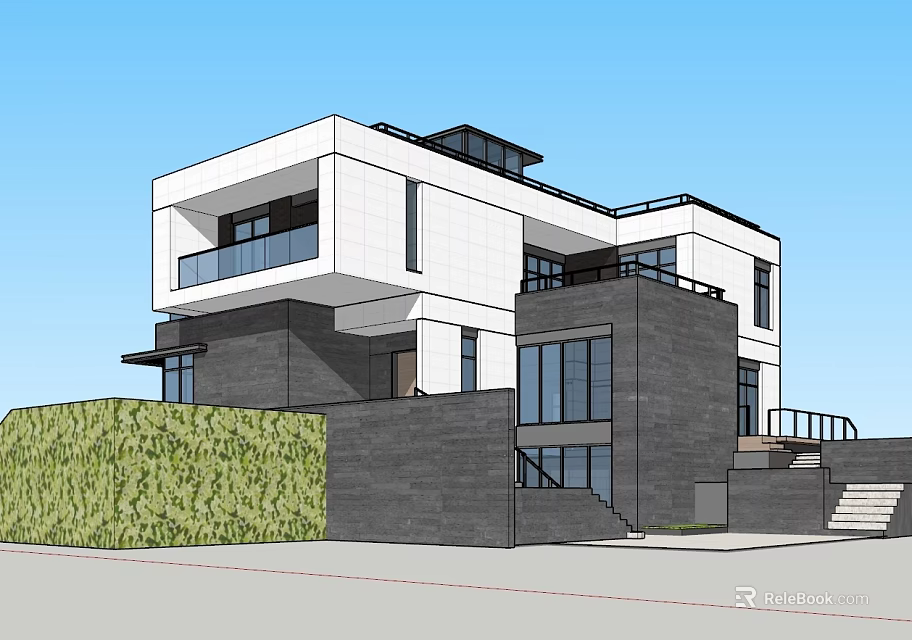Modern Single Family House Featuring White Dark Gray Exterior Large Glass Windows And Green Hedge 3d model 