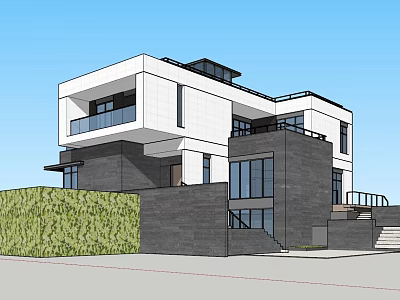Modern Single Family House Featuring White Dark Gray Exterior Large Glass Windows And Green Hedge 3d model