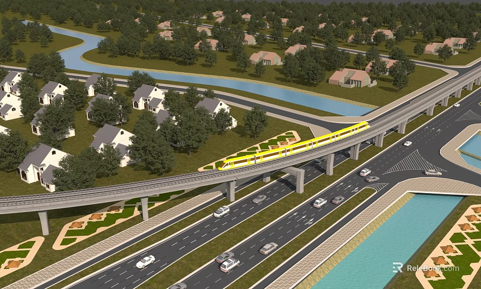 Bridge With Yellow Train Passing Over Multi Lane Road And Green Trees Houses River 3d model 