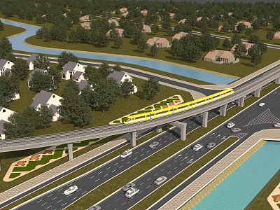 Bridge With Yellow Train Passing Over Multi Lane Road And Green Trees Houses River 3d model