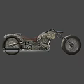 Camouflage Designed Motorcycle With Brown Seat Large Tires Chrome Exhaust Pipes And Round Headlight
