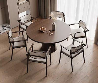 Modern Round Wooden Dining Table Set With Six Woven Back Chairs And Decorative Vase 3d model