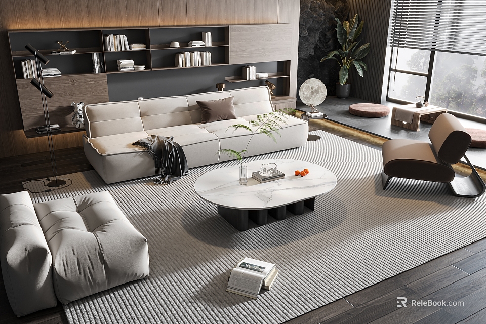 Modern Living Room Sofa and Coffee Table Set With Marble Top Rug Bookshelf Plant Chair 3d model 