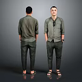 Man in Green Shirt and Pants Front and Back View with Gray Background and Sandals