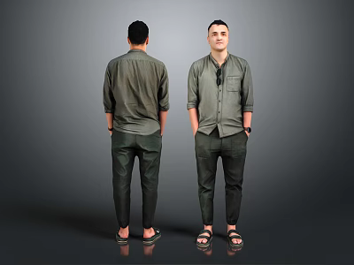 Man in Green Shirt and Pants Front and Back View with Gray Background and Sandals 3d model