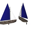 Two Sailboats With Blue And White Sails On Gray Ground And Blue Sky