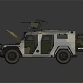 Camouflage Military Vehicle With Open Hood Exposed Engine And Roof Mounted Weapon
