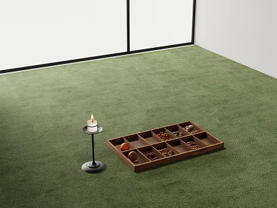 Green Carpet Floor With Candle Holder And Wooden Tray Containing Small Items 3d model