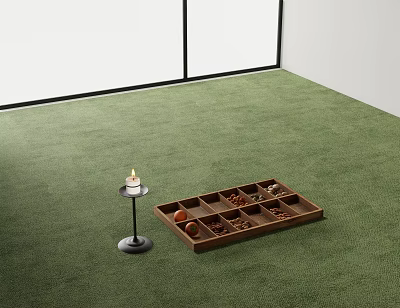 Green Carpet Floor With Candle Holder And Wooden Tray Containing Small Items 3d model