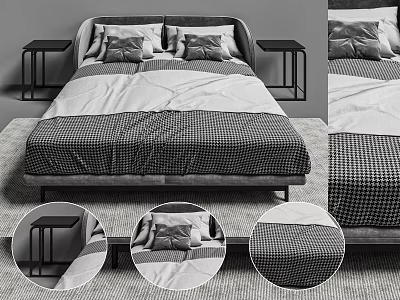 Modern Double Bed Interior With Checkered Bedding Pillows And Side Nightstands 3d model