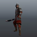 Game Film Warrior Character In Medieval Armor With Helmet And Long Sword