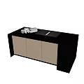 Modern Kitchen Dining Set With Black Top Island Counter And Wooden Cabinets