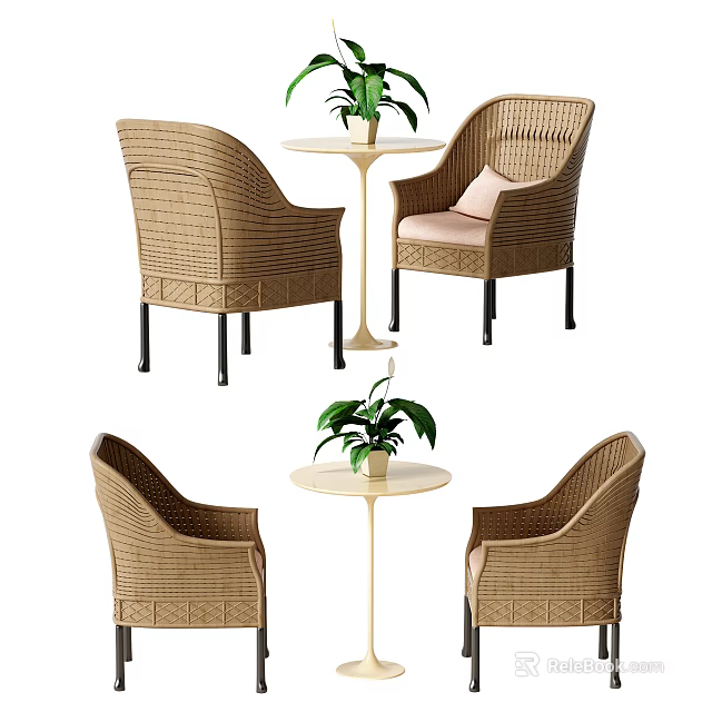 Leisure Rattan Chair Set With Round Table And Green Plant Decoration 3d model 